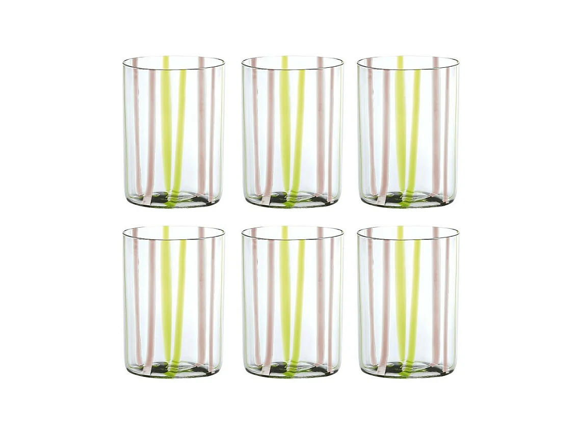 Tirache Zafferano glas in groen-amethist tweekleurig borosilicaatglas, doos met 6 stuks