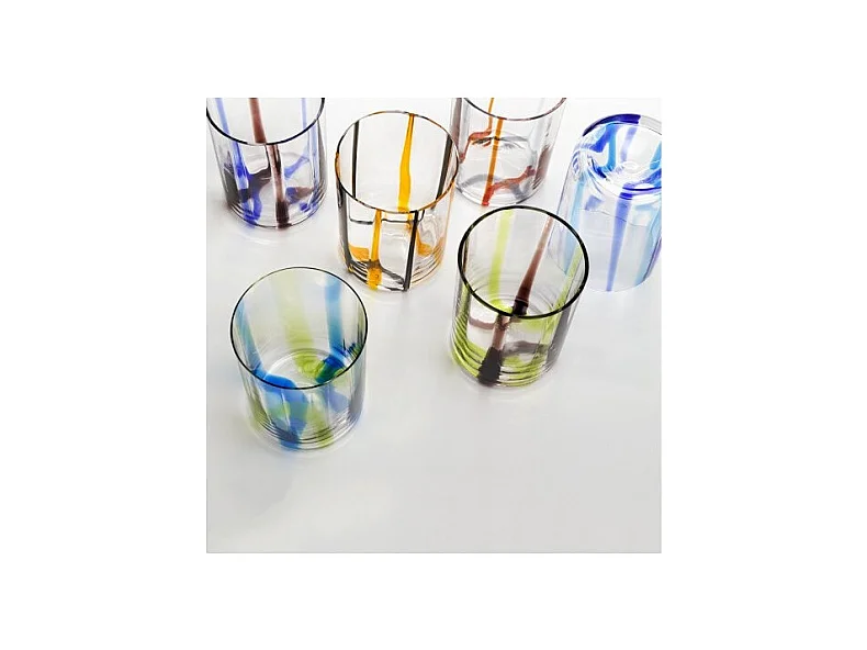 Tirache Zafferano glas in groen-amethist tweekleurig borosilicaatglas, doos met 6 stuks