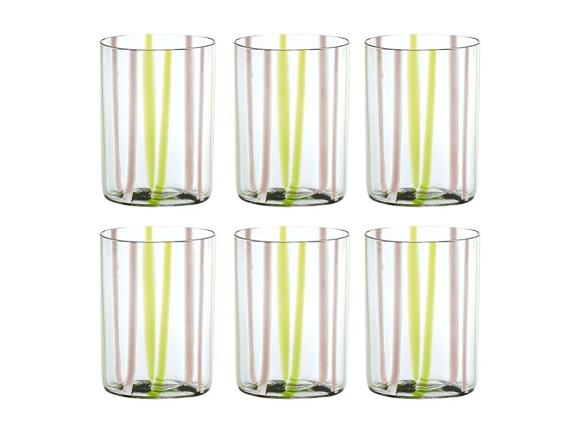 Tirache Zafferano glas in groen-amethist tweekleurig borosilicaatglas, doos met 6 stuks