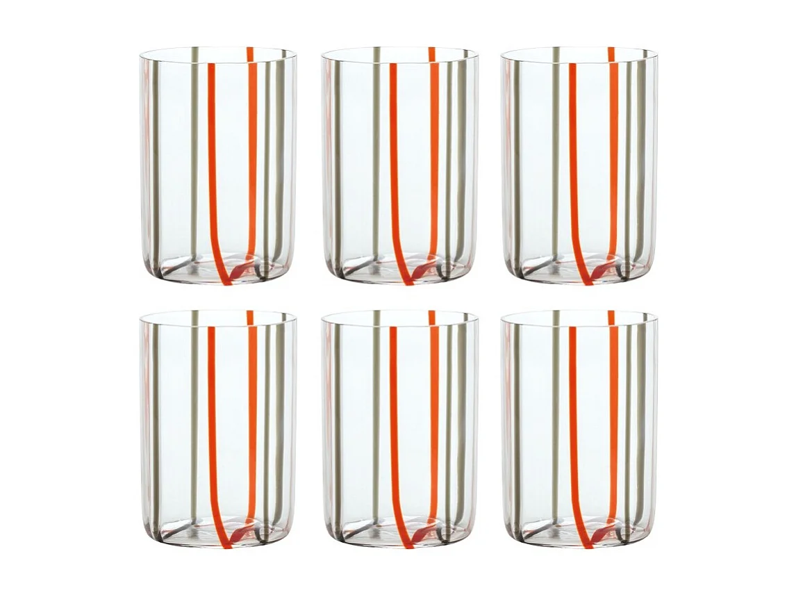 Tirache Zafferano glas in tweekleurig roodgrijs borosilicaatglas, doos met 6 stuks