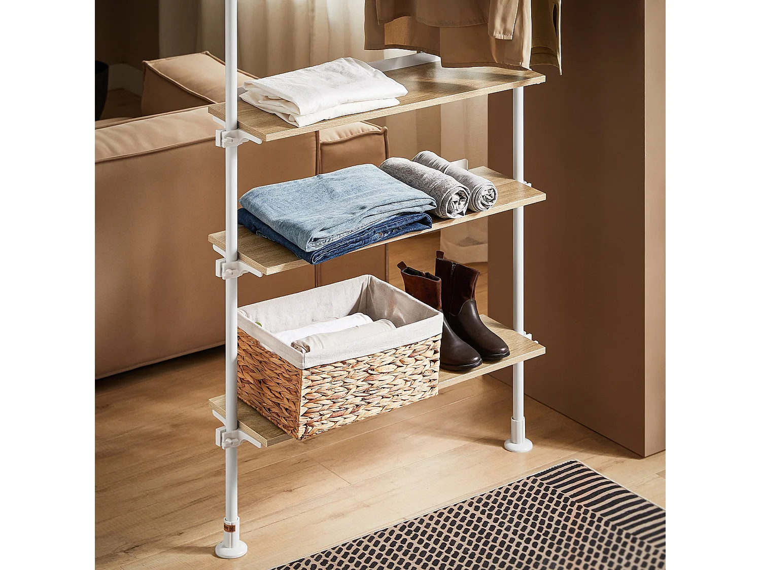 SoBuy KLS14-WN Télescopique Porte-vêtements Porte-manteau Réglable, 1 Barre, 3 Étagères et 1 Vêtement fork, L97 x H(193-262) cm