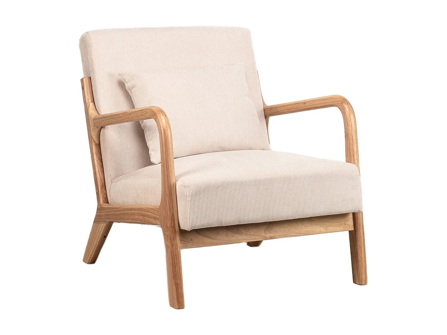 Fauteuil de salon en bois massif et velours côtelé beige