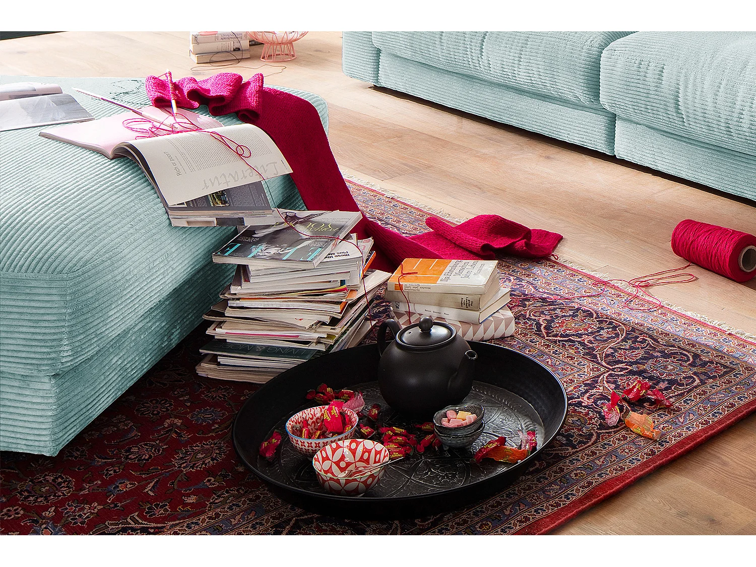 Gestoffeerde kruk - Lichtblauw Koord - MADELINE