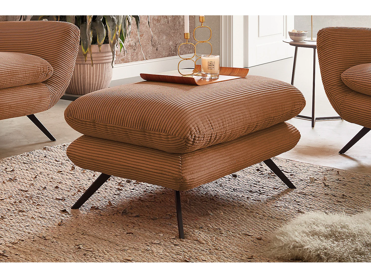 Pouf rembourré - marron Velours côtelé - CHARME