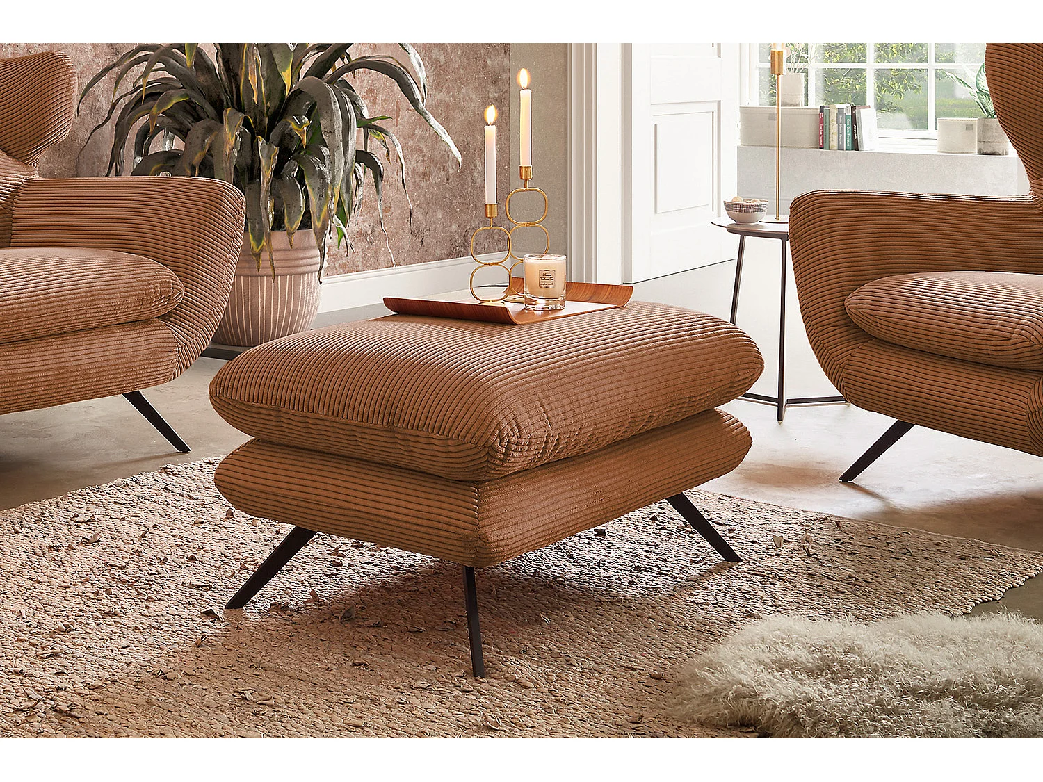 Pouf rembourré - marron Velours côtelé - CHARME