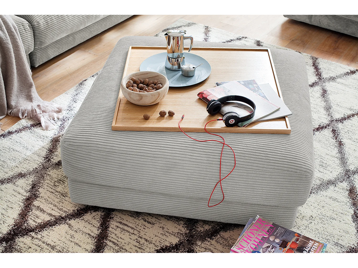 Pouf rembourré - gris clair Velours côtelé - MADELINE