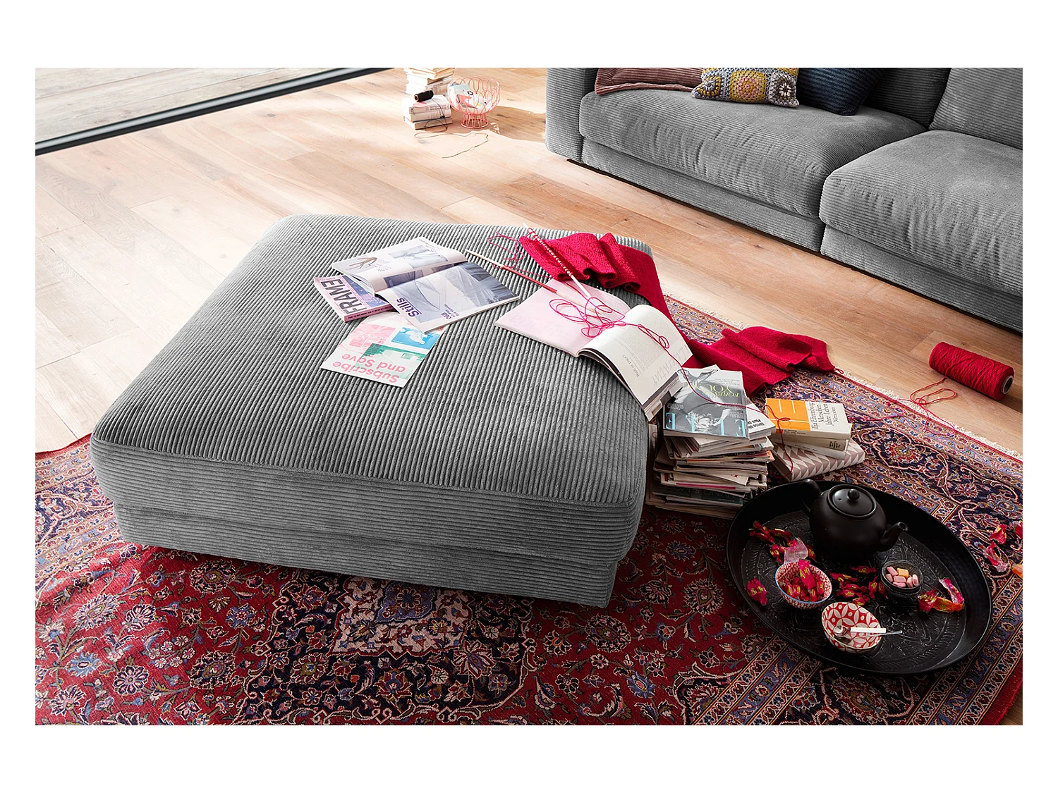 Pouf rembourré - Gris Velours côtelé - MADELINE