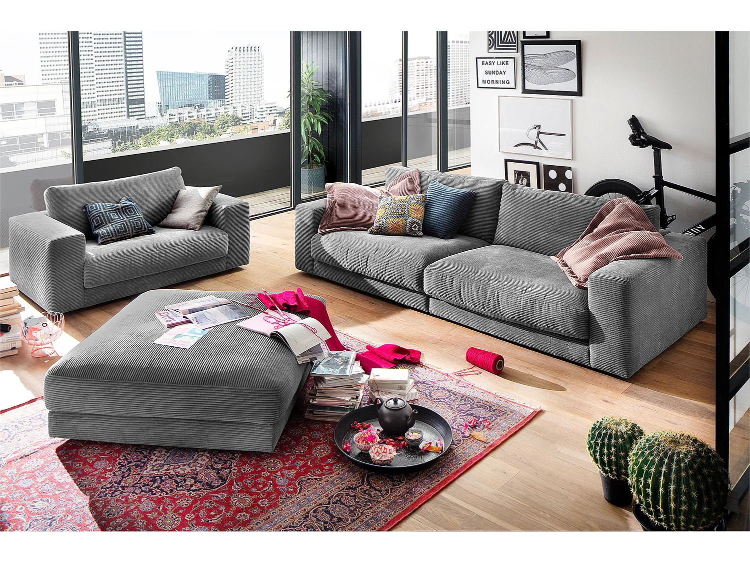 Pouf rembourré - Gris Velours côtelé - MADELINE