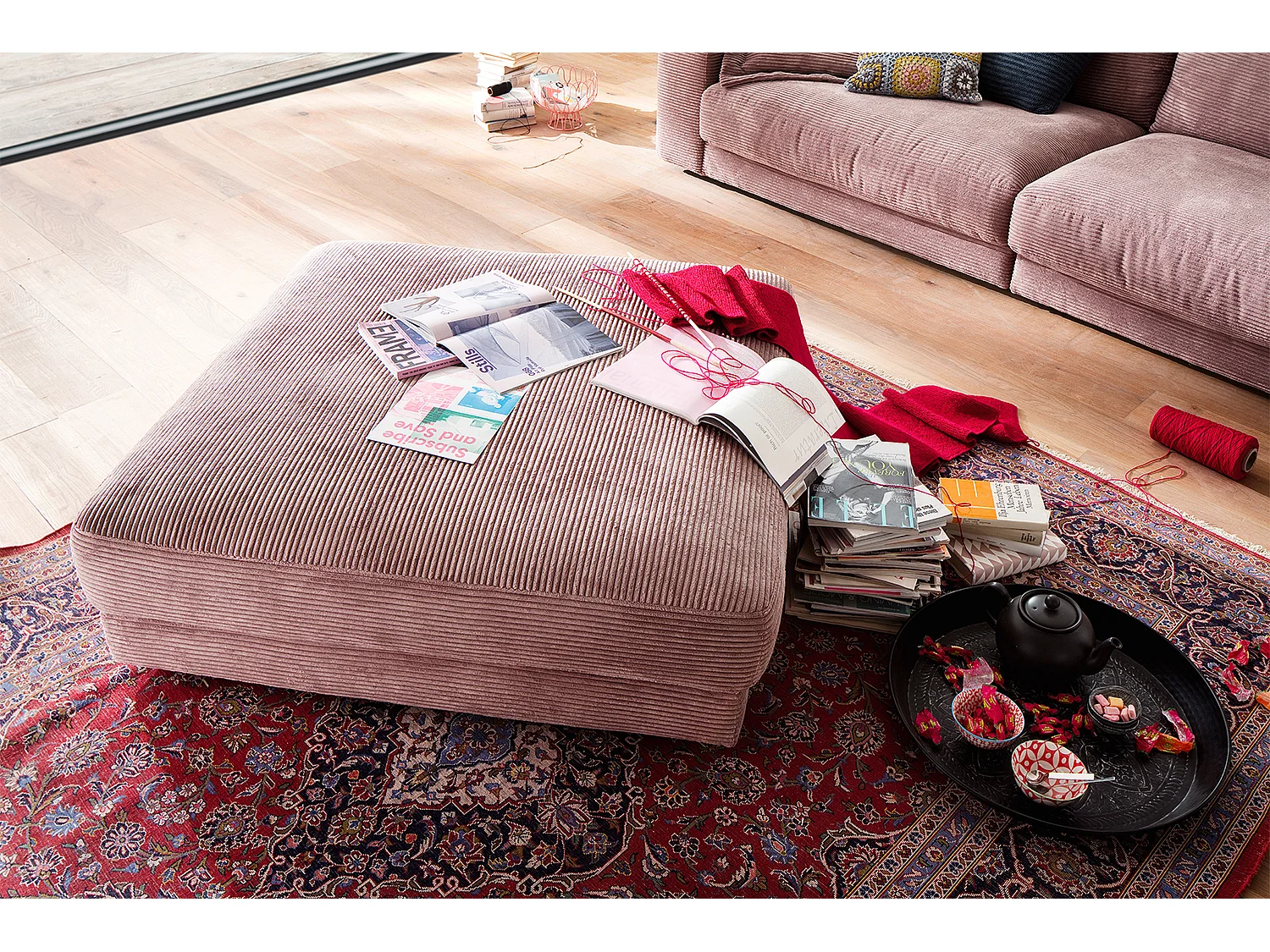 Pouf rembourré - Rose Velours côtelé - MADELINE