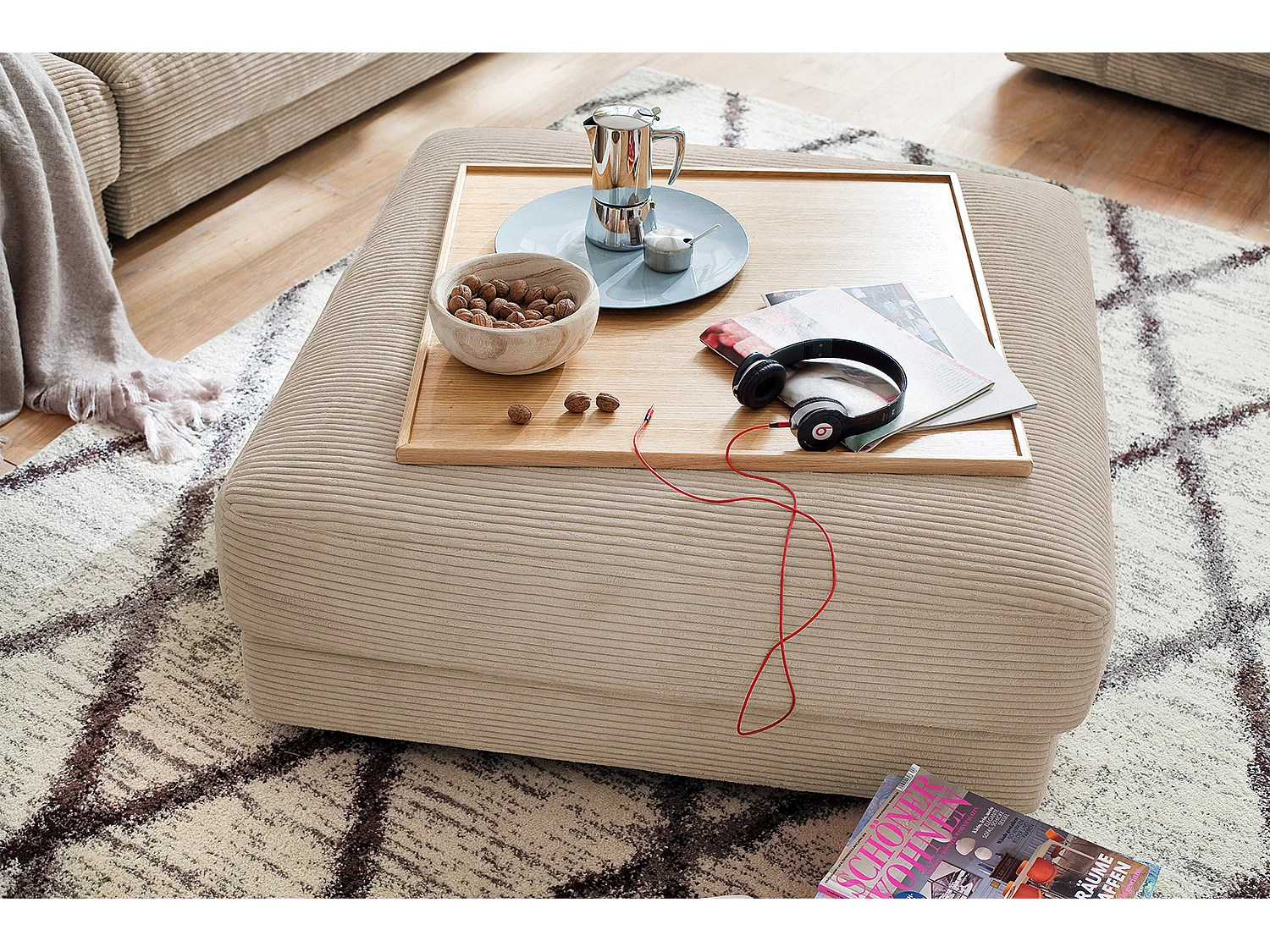 Pouf rembourré - taupe Velours côtelé - MADELINE