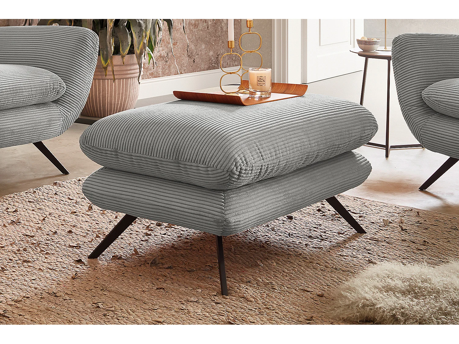 Pouf rembourré - gris clair Velours côtelé - CHARME