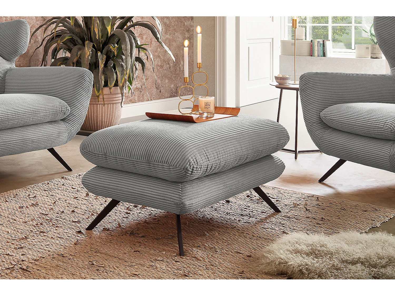 Pouf rembourré - gris clair Velours côtelé - CHARME