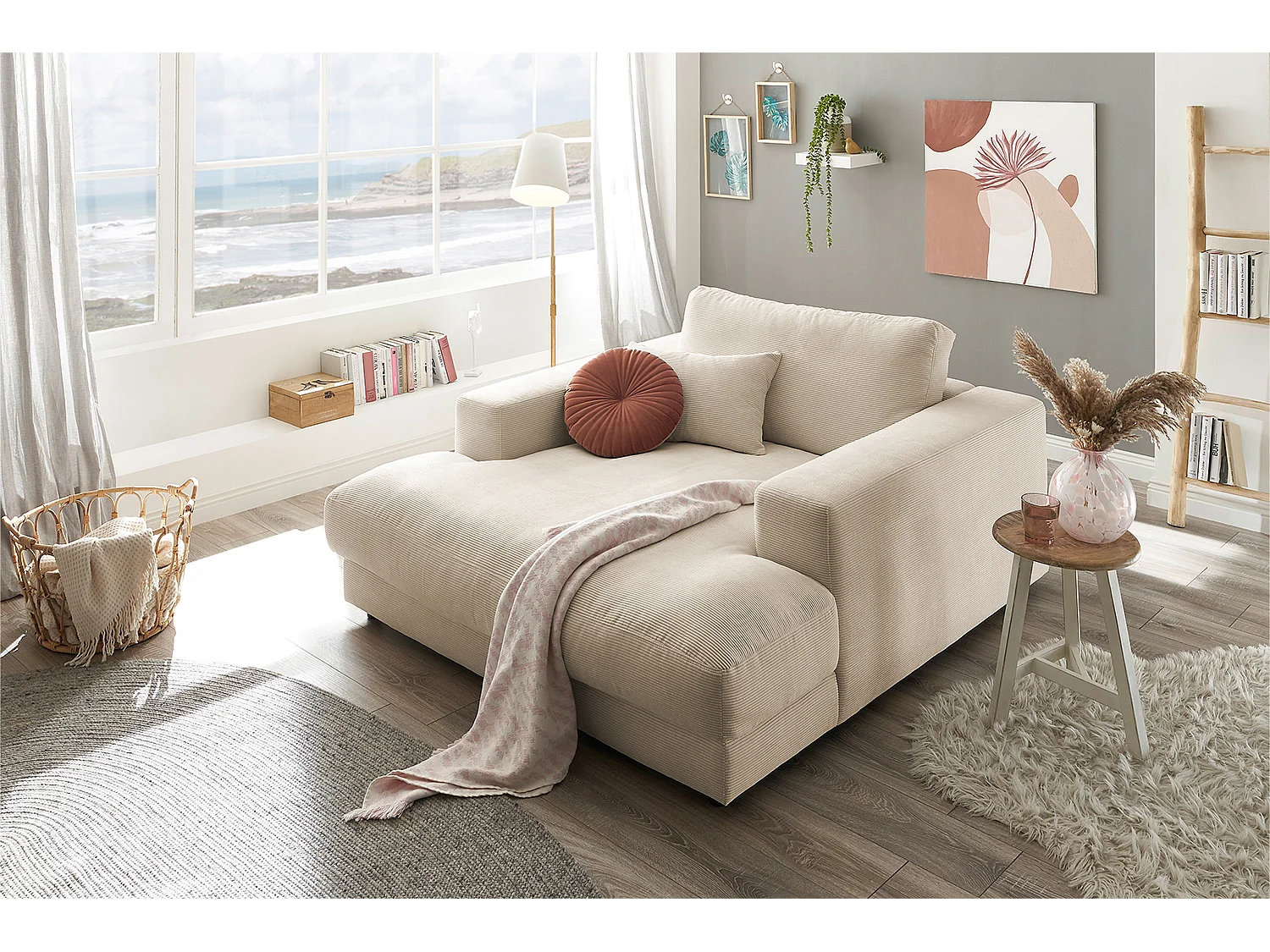 Relaxligstoel - Beige Koord - MADELINE