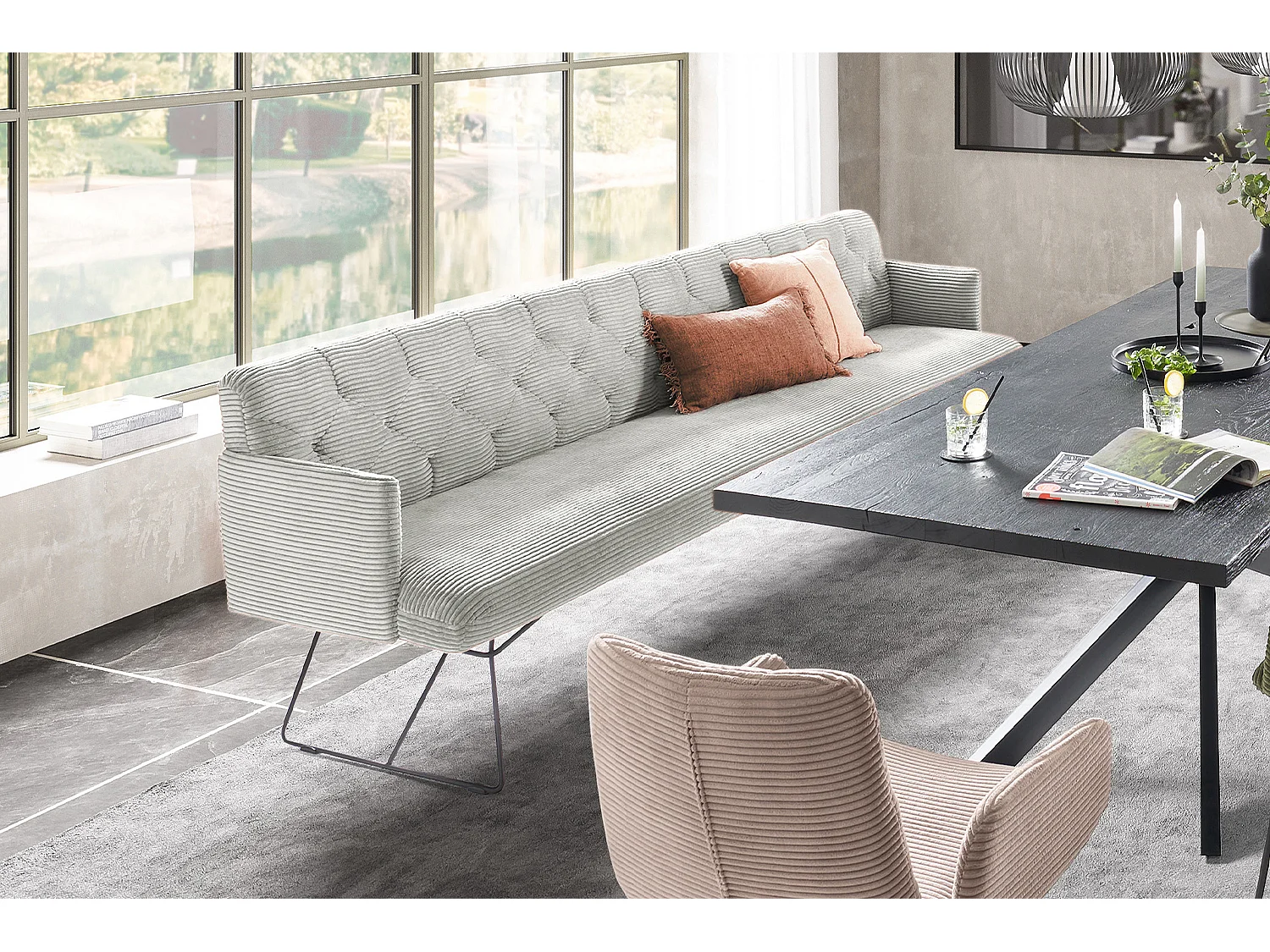 Banc - gris clair velours côtelé - CHARME