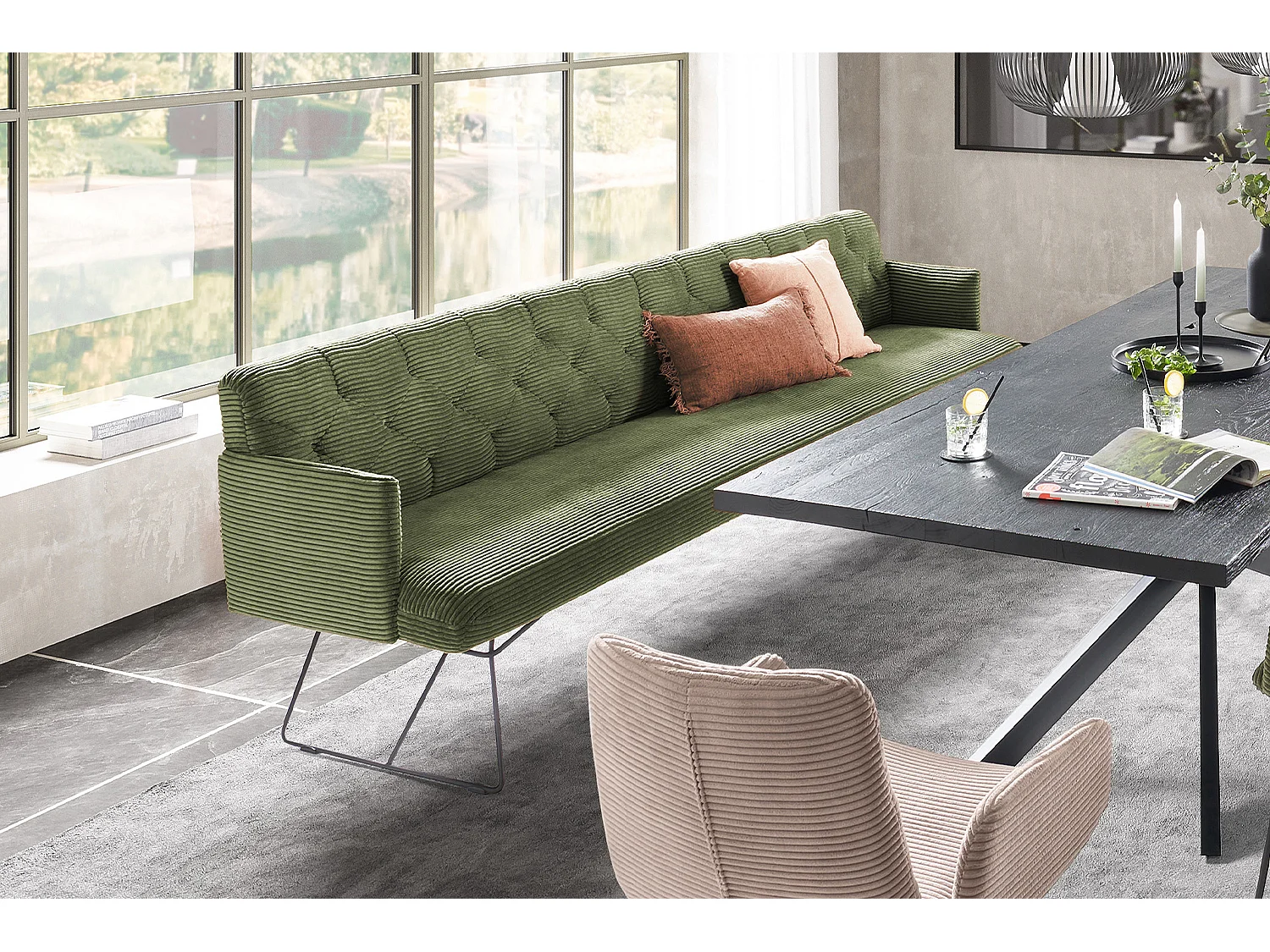 Banc rembourré - Vert Velours côtelé - CHARME