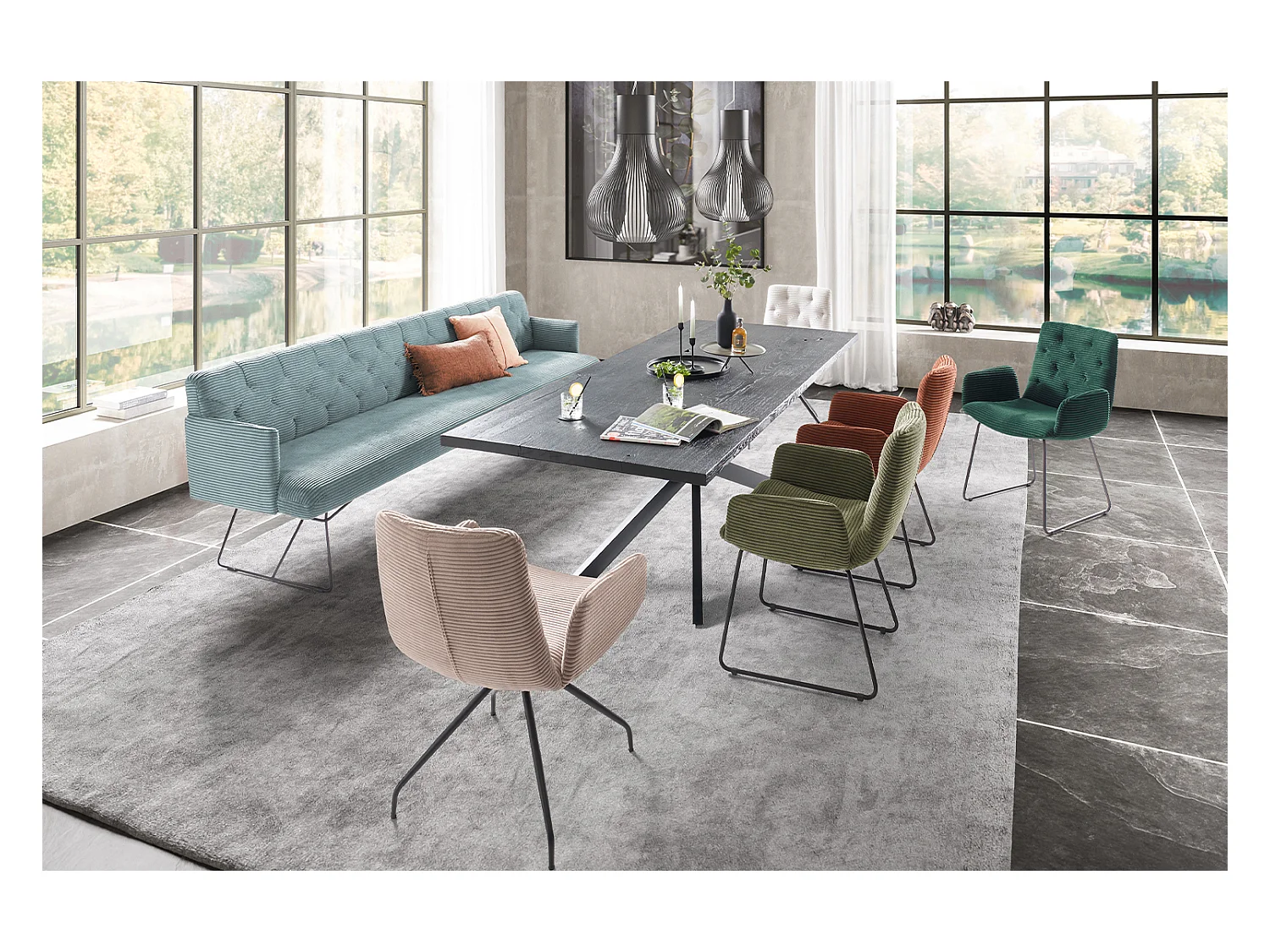 Banc - bleu clair velours côtelé - CHARME