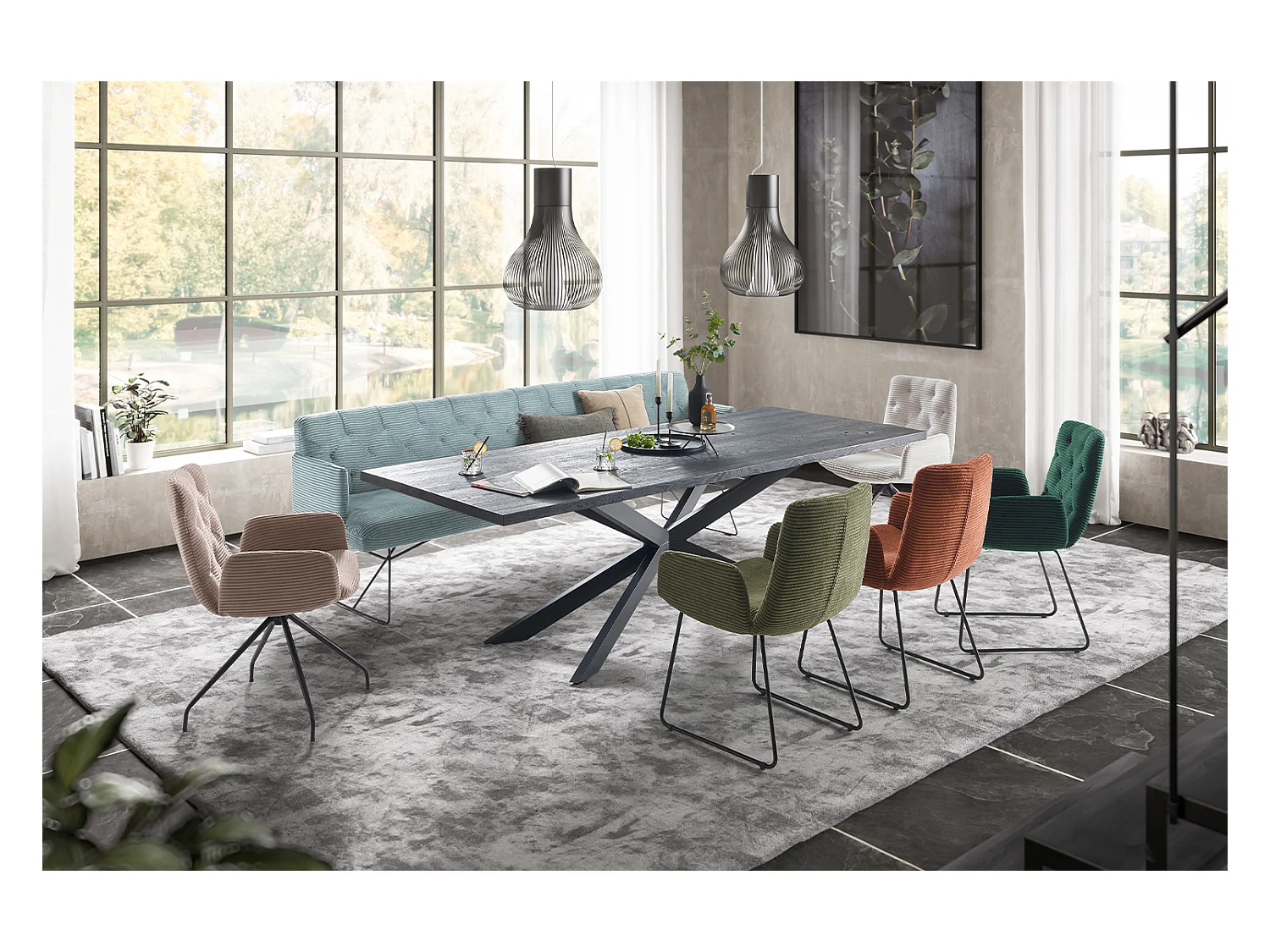 Banc - bleu clair velours côtelé - CHARME