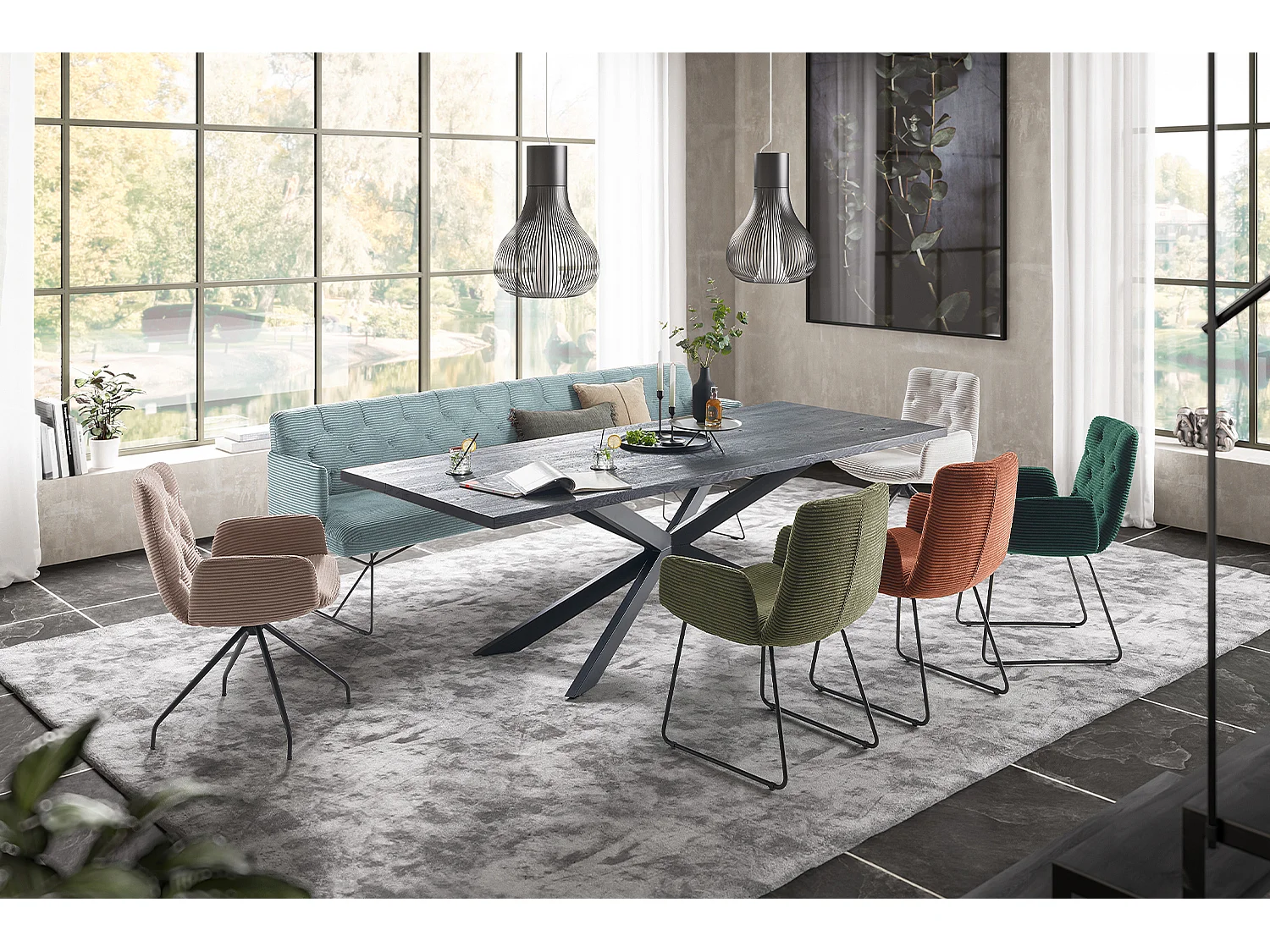 Banc - bleu clair velours côtelé - CHARME