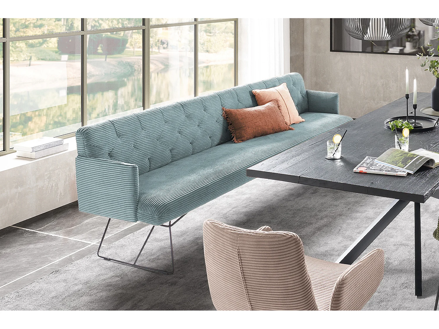 Banc - bleu clair velours côtelé - CHARME