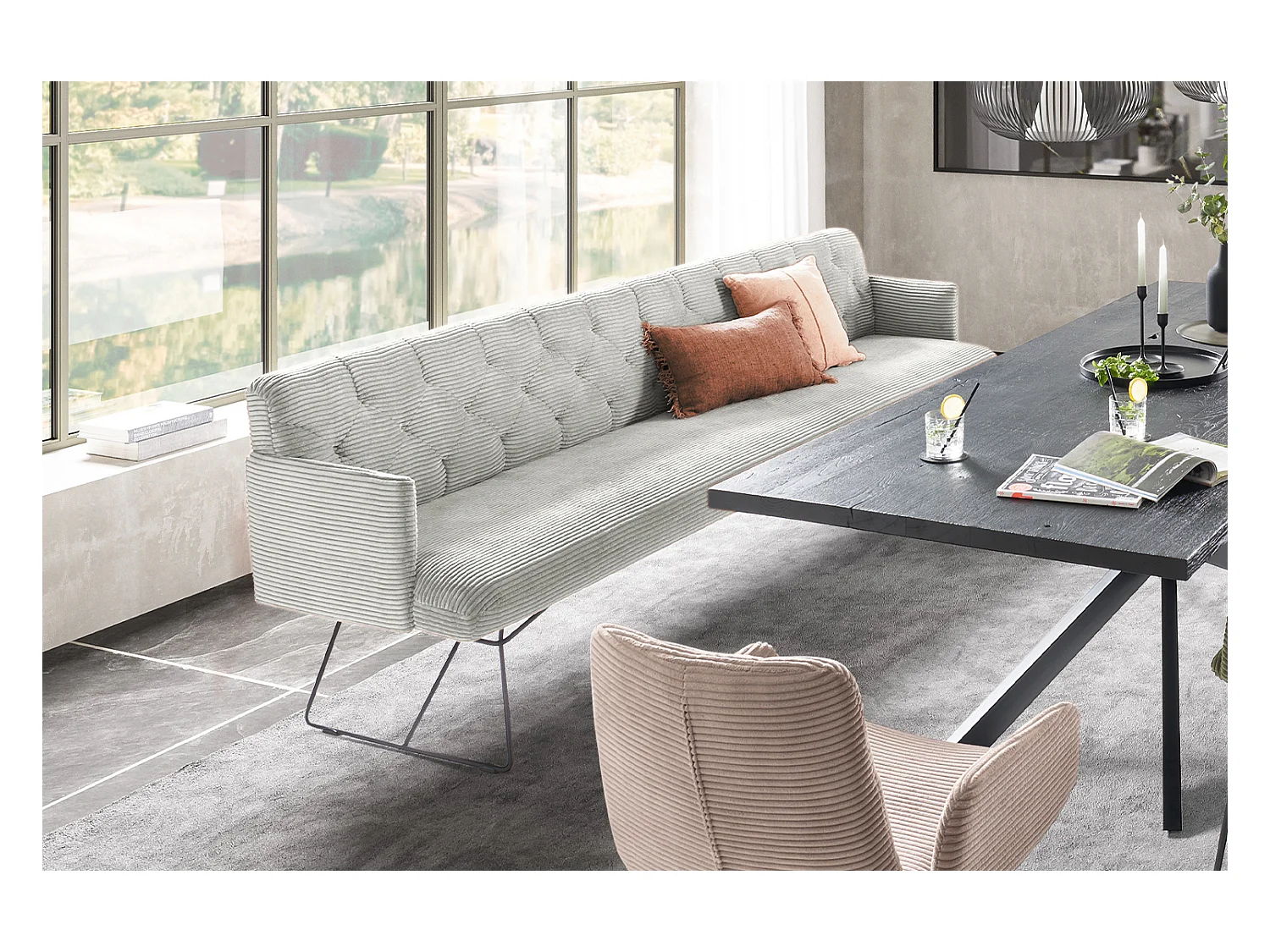 Banc - gris clair velours côtelé - CHARME