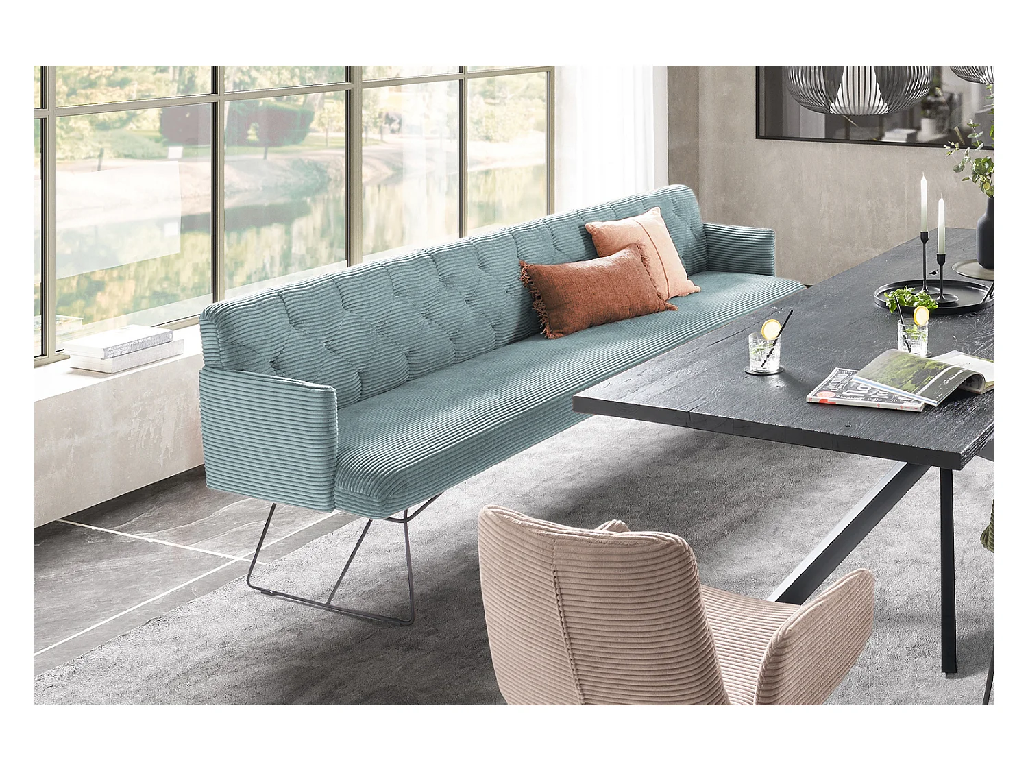 Banc - bleu clair velours côtelé - CHARME