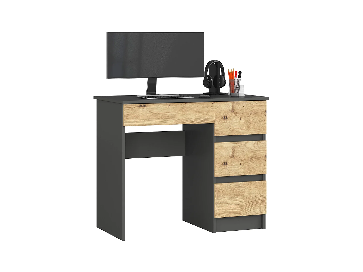 Bureau d'ordinateur AKORD droit A7 Gris Graphite 90 cm 4 tiroirs façade Chêne Artisan 90x50x77 cm