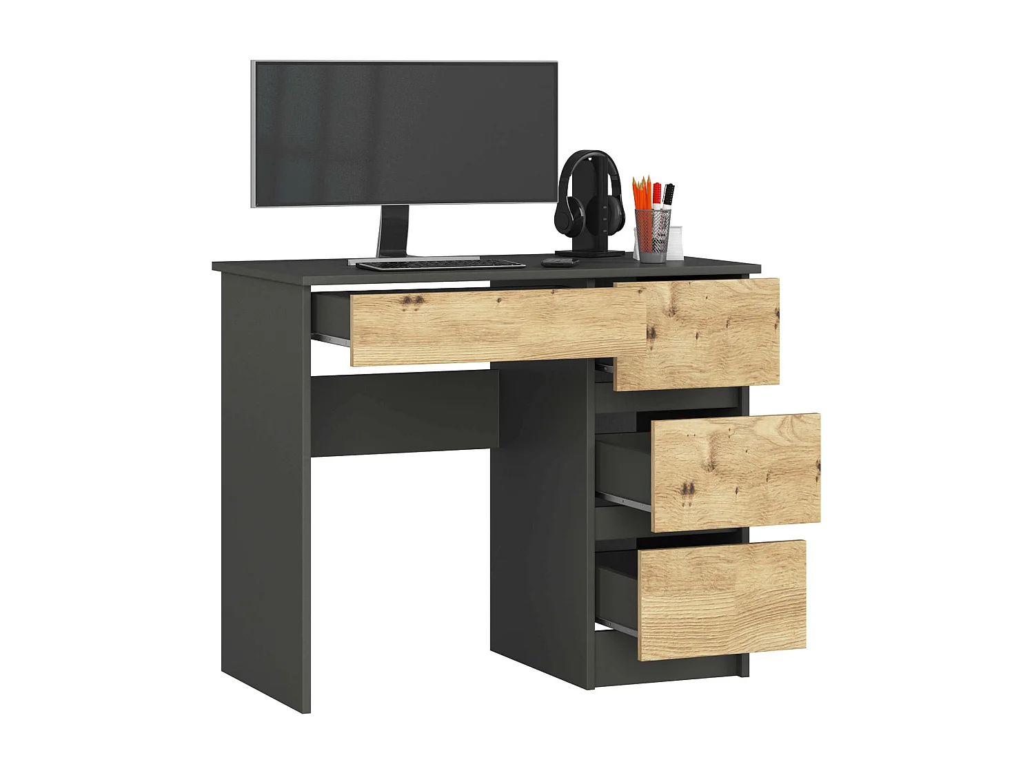 Rechts Bureau A-7 Grafiet & Eiken, 4 Laden, 90x77x50 cm