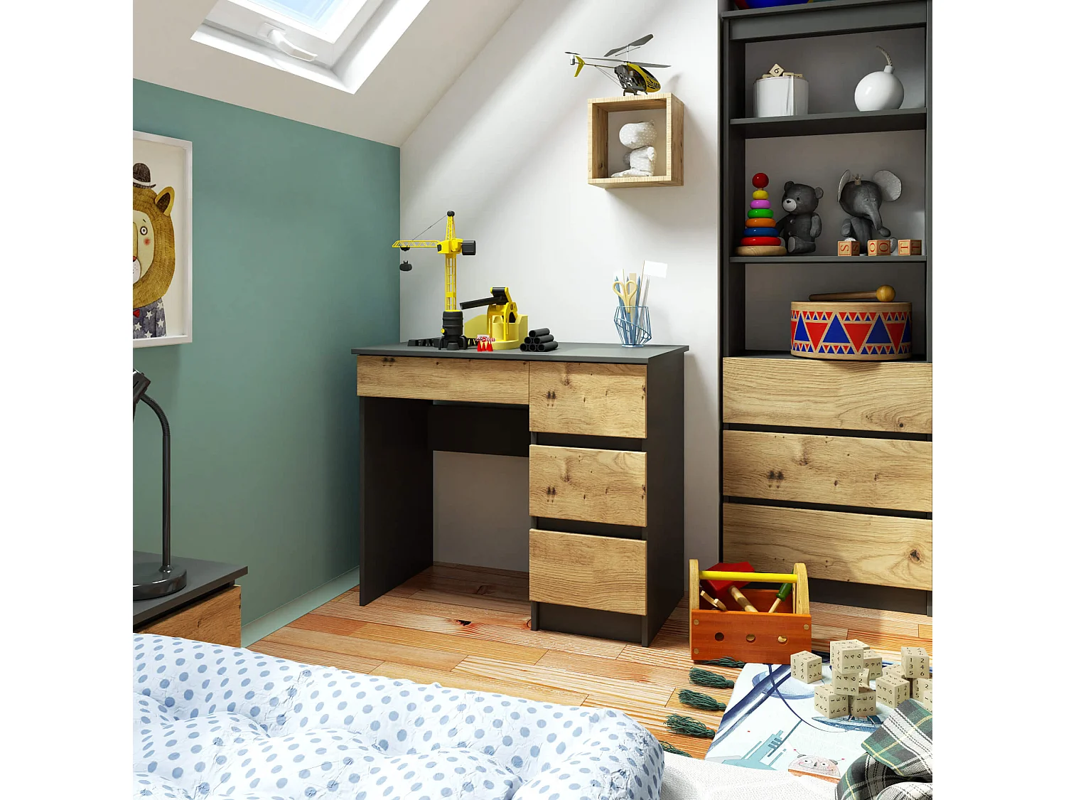 Rechts Bureau A-7 Grafiet & Eiken, 4 Laden, 90x77x50 cm