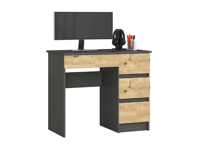 Bureau d'ordinateur AKORD droit A7 Gris Graphite 90 cm 4 tiroirs façade Chêne Artisan 90x50x77 cm