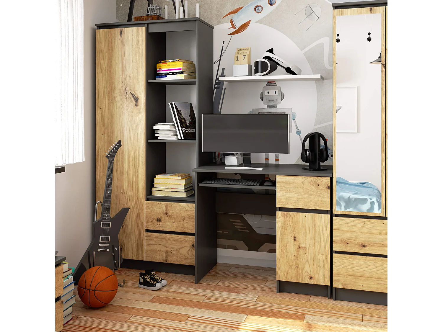 PC-Schreibtisch AKORD PIKSEL rechts in der Farbe Graphitgrau Schublade Front Eiche Artisan 3 Ablagen B90 x H77 x T50 cm