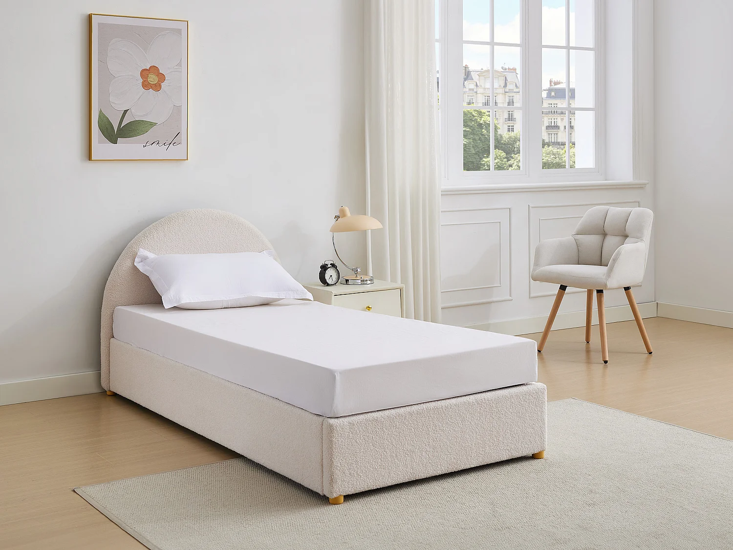 Lit coffre 90 x 190 cm - Tissu bouclette - Crème + Matelas - LIRIMO