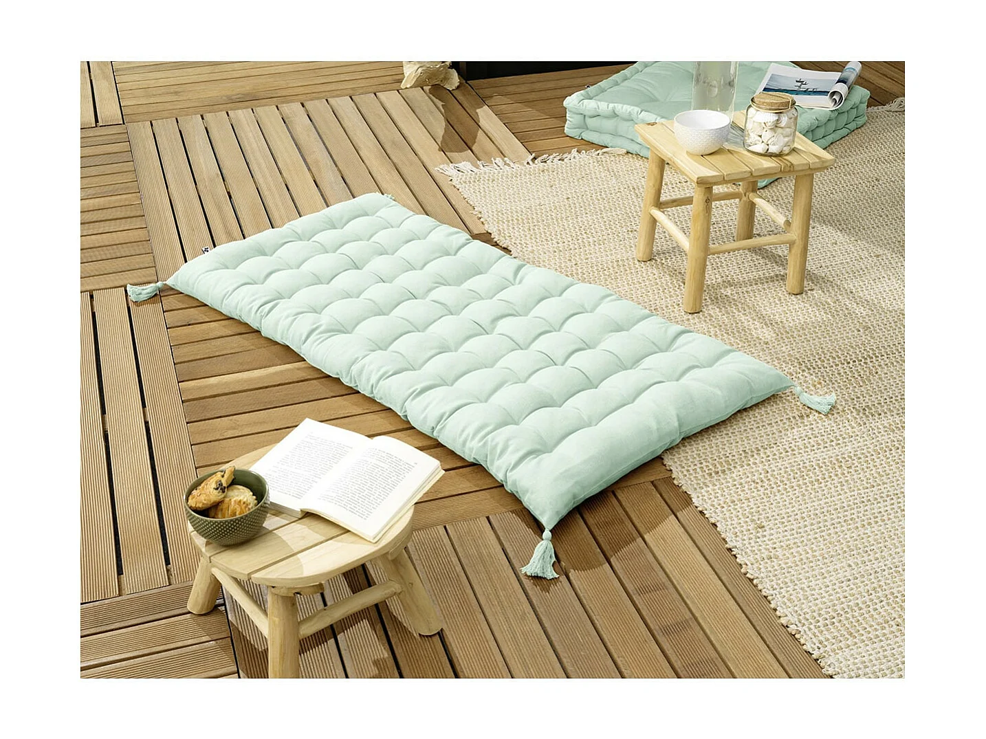 SOPHIE - Matelas de Sol avec pompons 60x120cm Coton Coloris Menthe
