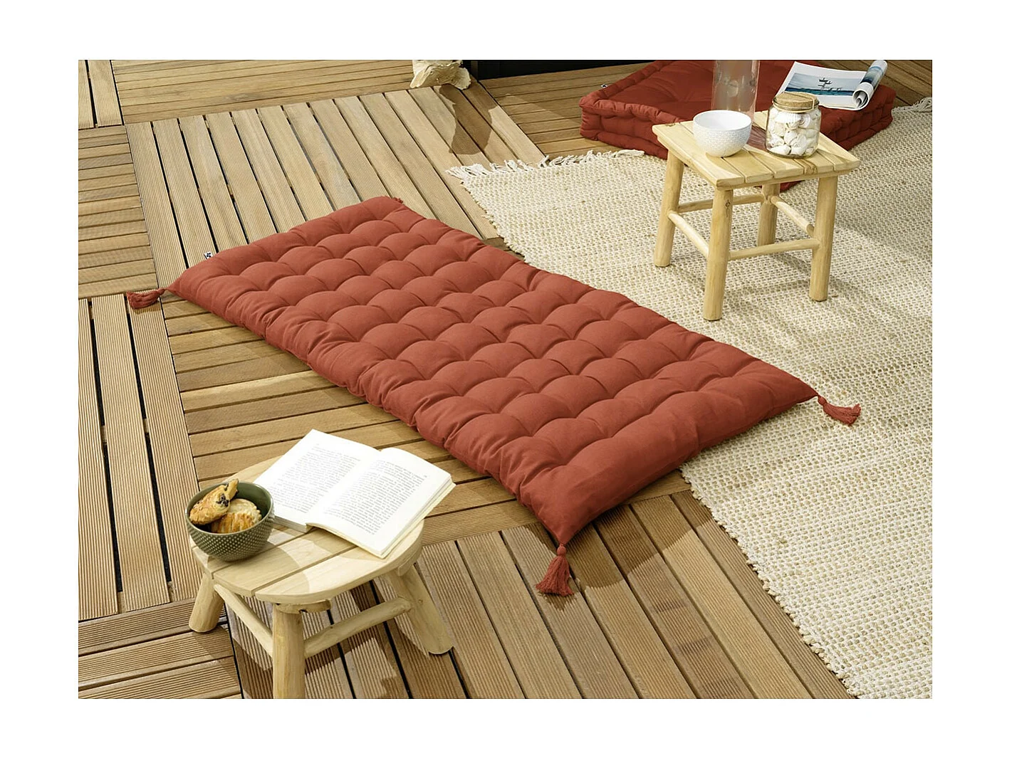 SOPHIE - Matelas de Sol avec pompons 60x120cm Coton Coloris Terracotta