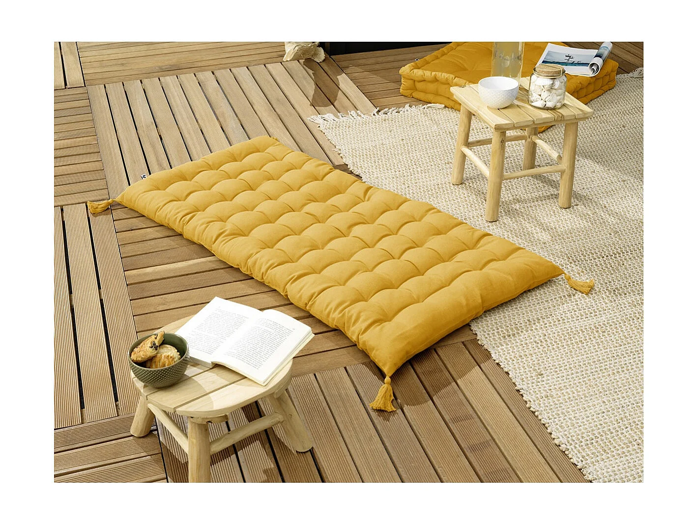 SOPHIE - Matelas de Sol avec pompons 60x120cm Coton Coloris Safran