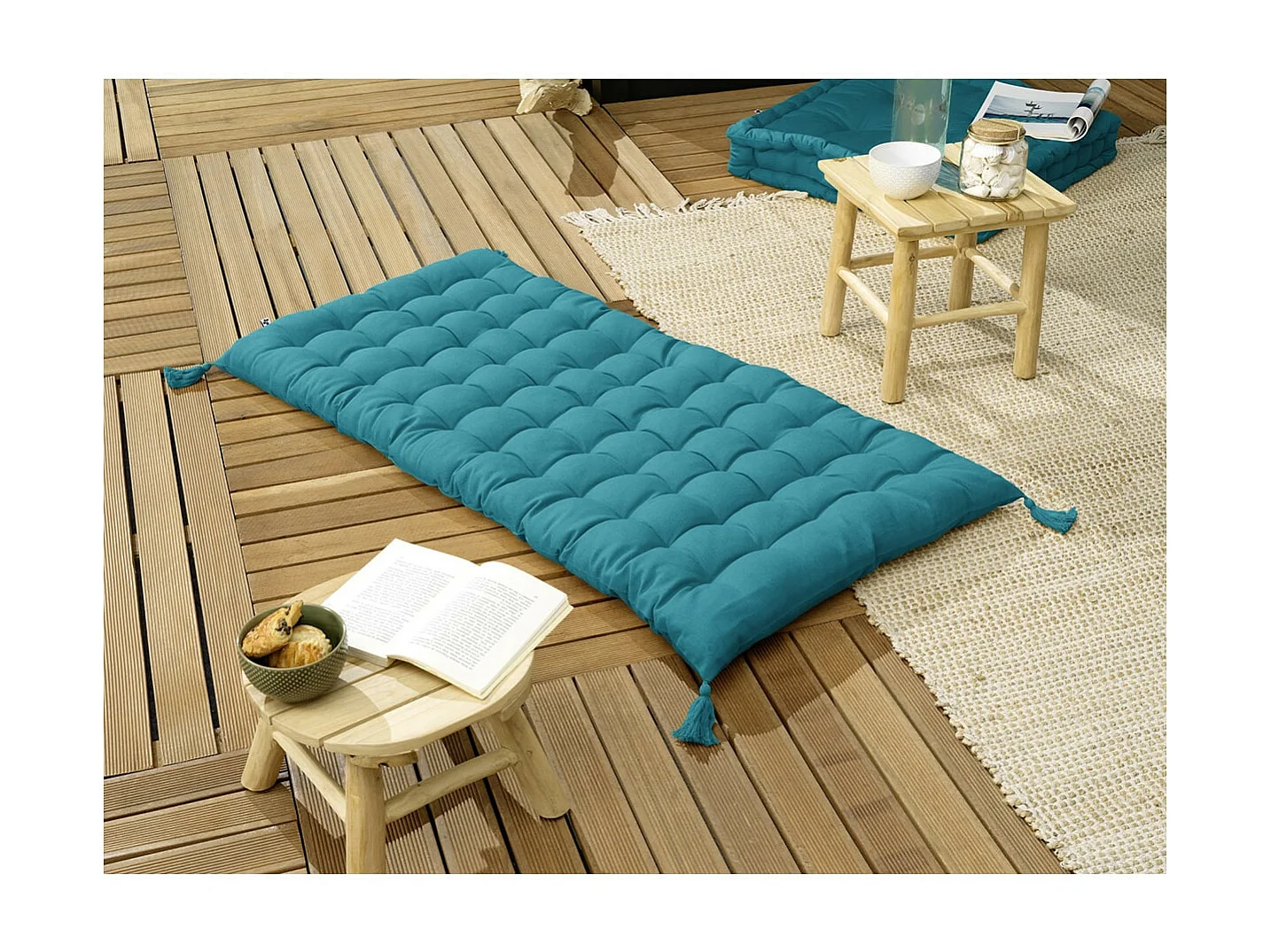 SOPHIE - Matelas de Sol avec pompons 60x120cm Coton Coloris Paon