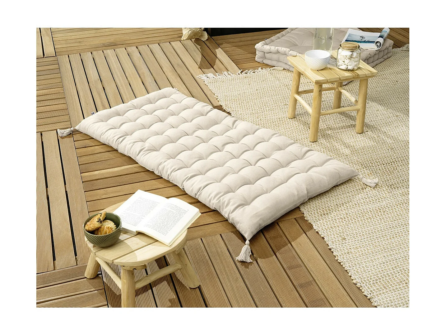 SOPHIE - Matelas de Sol avec pompons 60x120cm Coton Coloris Grège