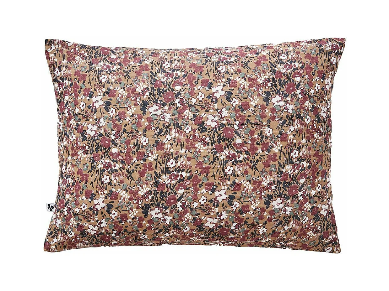 ADONIS BRUN - Taie d'Oreiller 50x70cm Gaze de Coton Fond Brun Motifs Fleurs