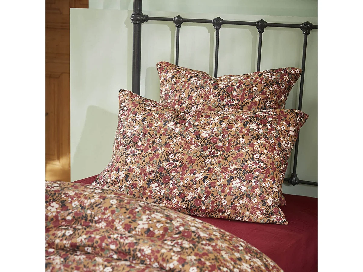 ADONIS BRUN - Taie d'Oreiller 60x60cm Gaze de Coton Fond Brun Motifs Fleurs