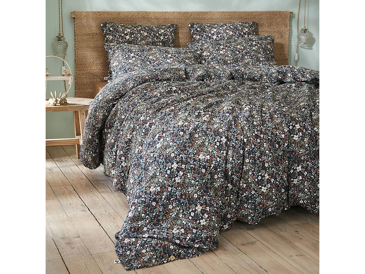 ADONIS BLUE - Taie d'Oreiller 50x70cm Gaze de Coton Coloris Bleu Motifs Fleurs