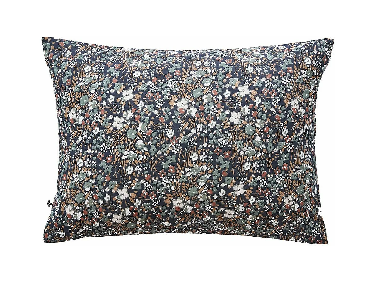 ADONIS BLUE - Taie d'Oreiller 50x70cm Gaze de Coton Coloris Bleu Motifs Fleurs