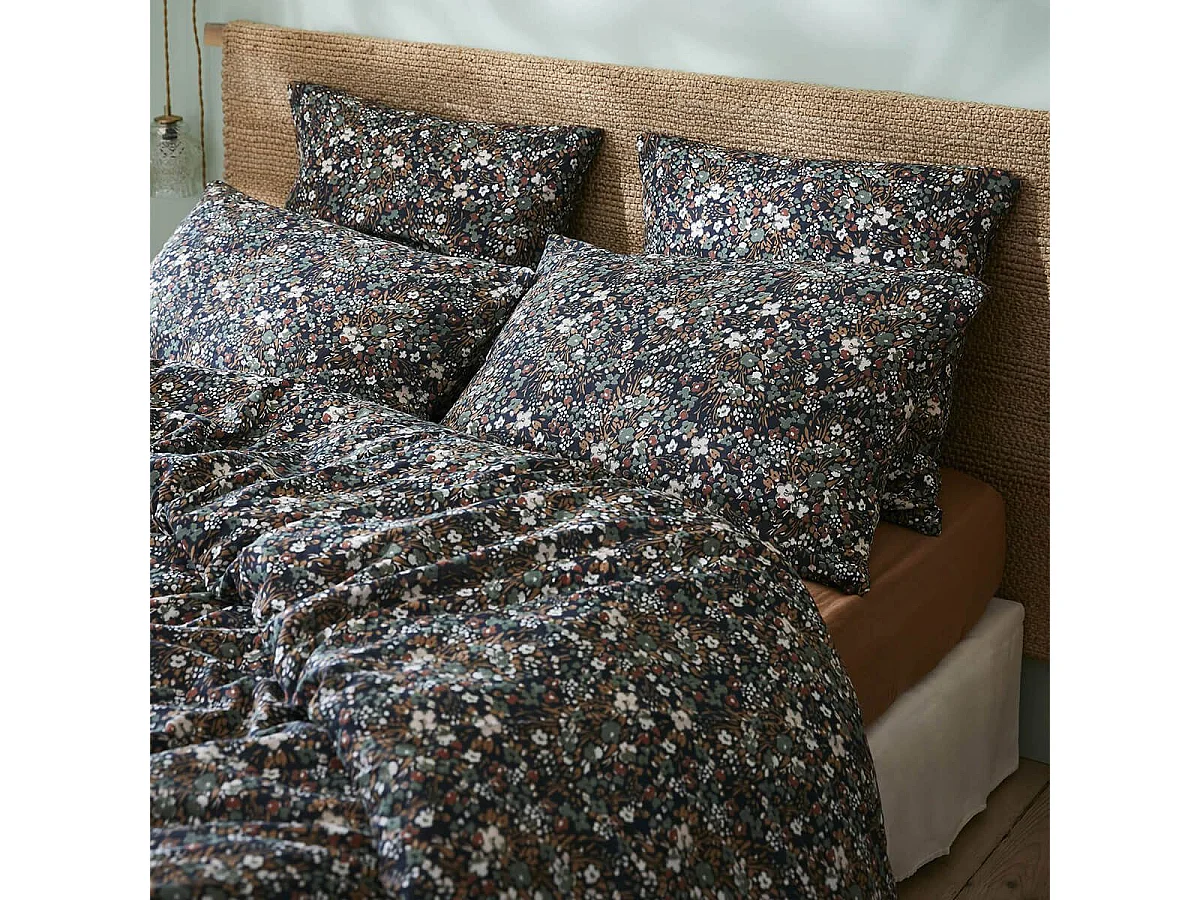 ADONIS BLUE - Taie d'Oreiller 50x70cm Gaze de Coton Coloris Bleu Motifs Fleurs