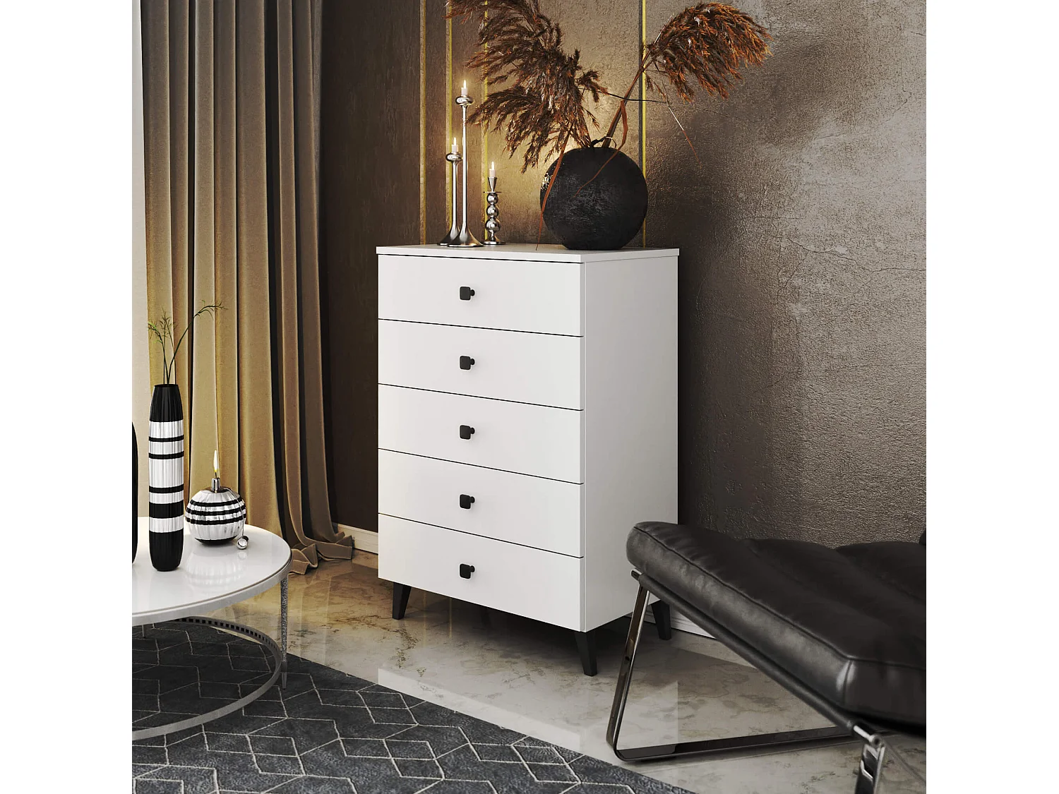 MOBI Dressoir K-05 Wit-Zwart met 5 Laden en Mat Afwerking