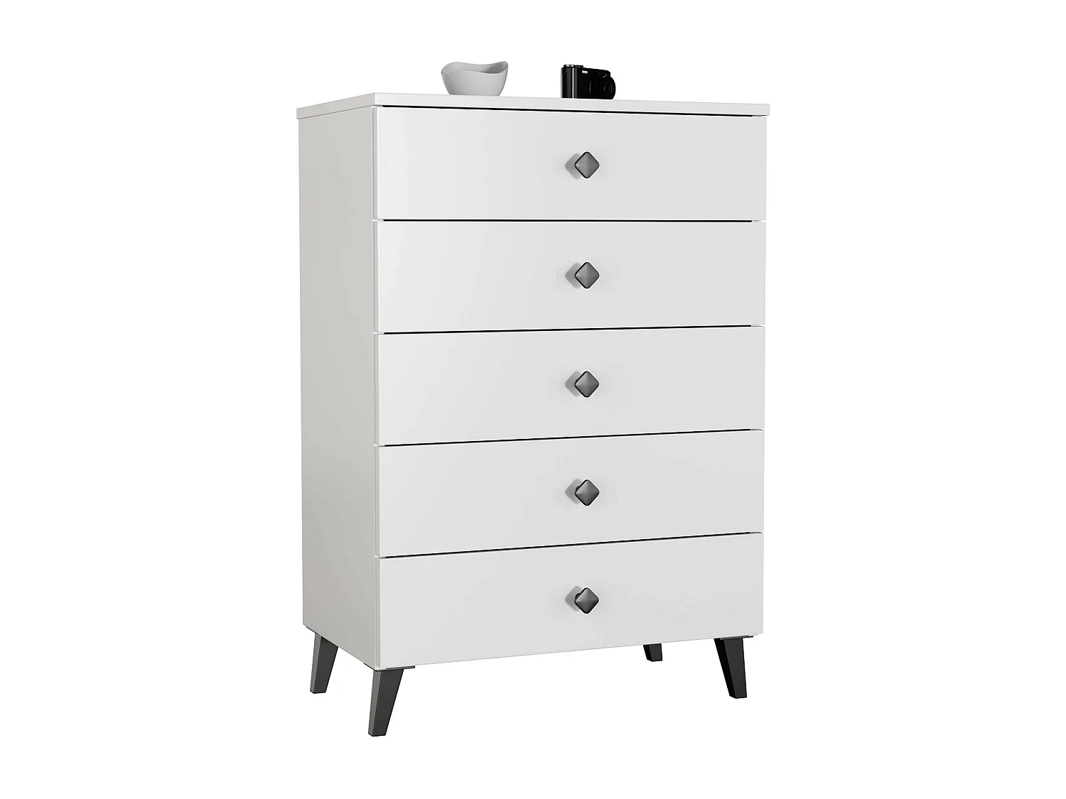 Nachtkastje MOBI met 5 Lades / AKORD Furniture Factory / Wit met Zwarte Handgrepen / 60 x 89 x 37 cm