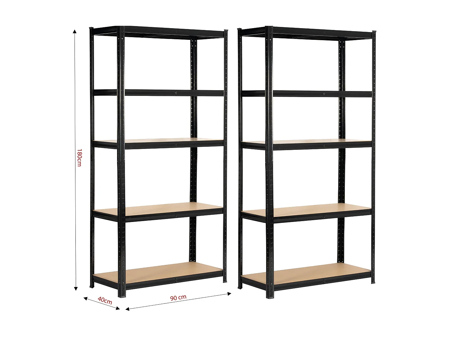 Dubbele Zwarte Metalen Stellingkast 90x40x180cm - Staand opbergmeubel van Staal en MDF met 5 planken, Maximale Draagkracht 175kg, Zelfmontage