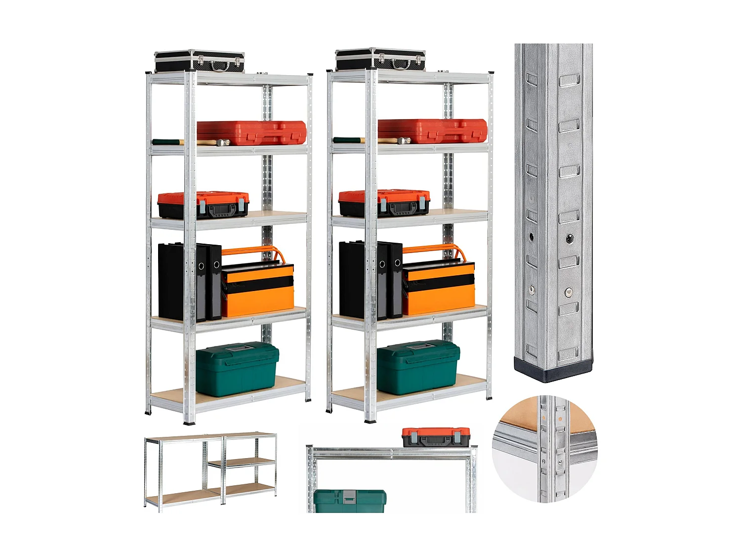 Dubbel Metalen Rek 70x30x154 cm Zilver - 10 Planken, Zelfmontage, 175 kg Belastbaar per Plank, Staal/MDF Constructie