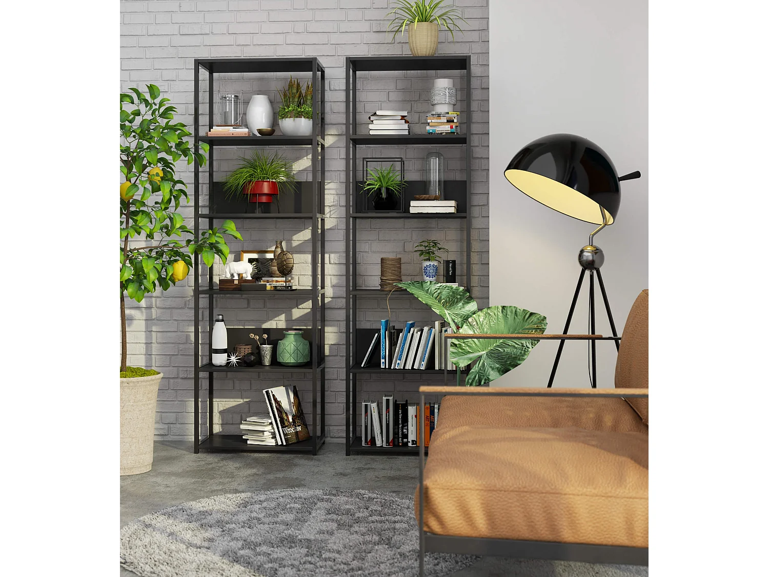 Étagère murale industrielle sur pied AKORD Noire 60 cm 6 étagères 60x32x192 cm