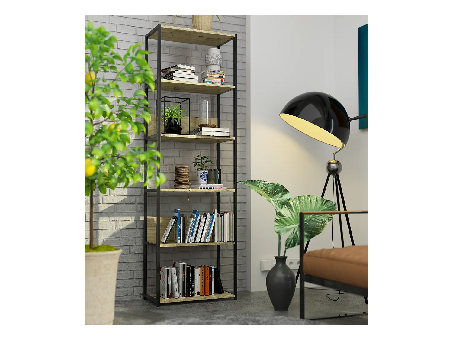 Scaffale stilo loft con ripiani in legno Nera 60 cm inserto frontale Quercia Artisan 60x32x192 cm