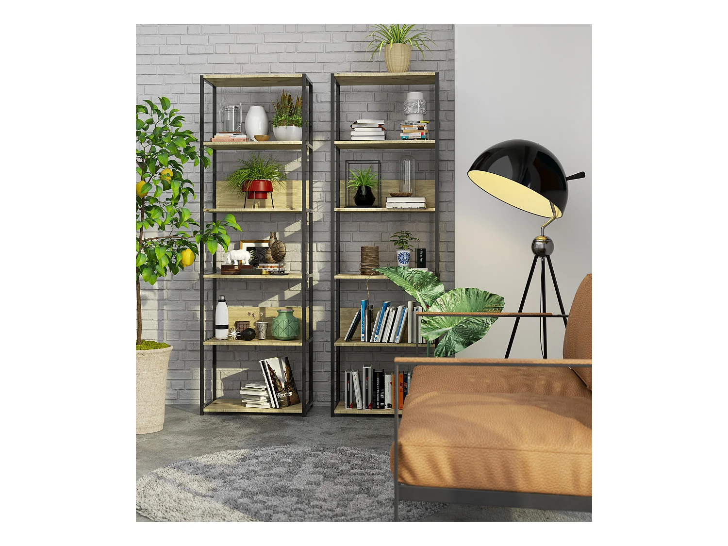 Scaffale stilo loft con ripiani in legno Nera 60 cm inserto frontale Quercia Artisan 60x32x192 cm