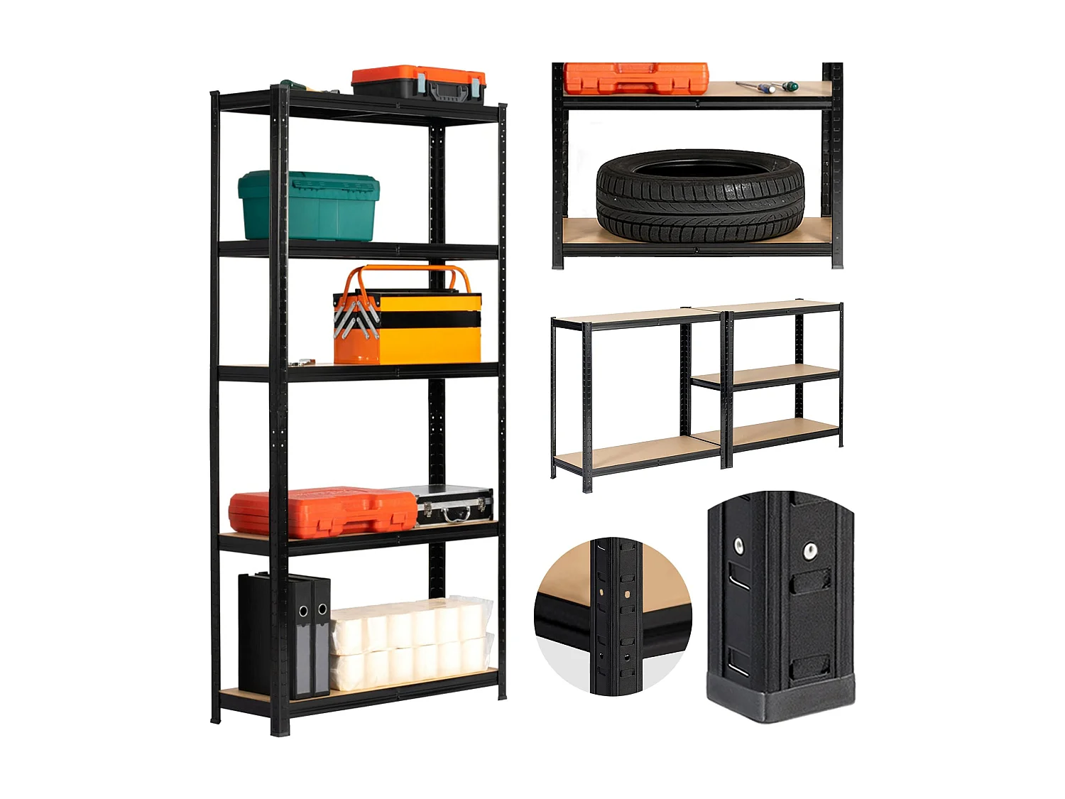 AKORD Scaffale garage in metallo  acciao nero 5 ripiani in colore legno per carichi fino a 875kg 90x30x180 cm