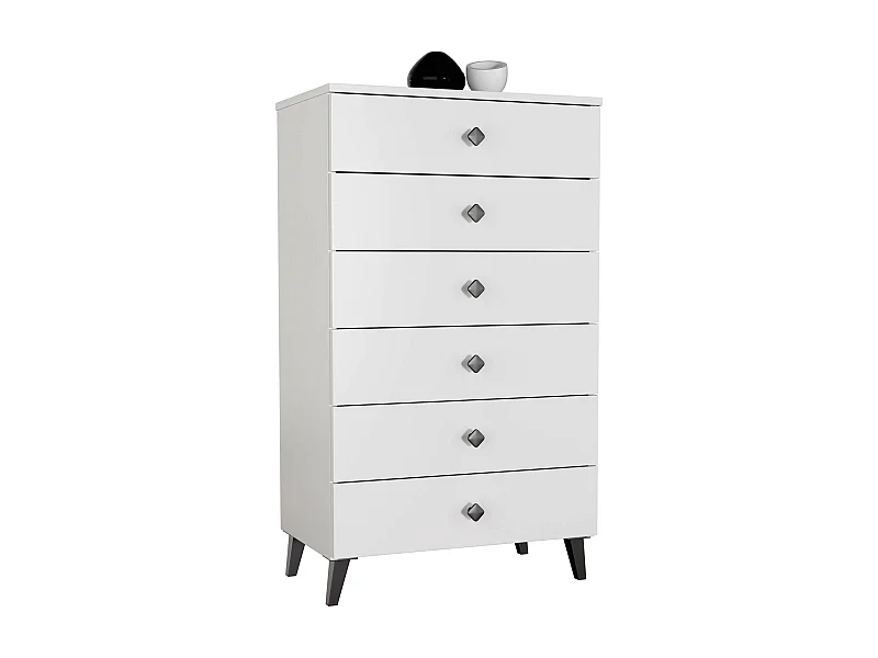 Nachtkastje MOBI met 6 Lades / AKORD Furniture Factory / Wit met Zwarte Handgrepen / 60 x 104 x 37 cm